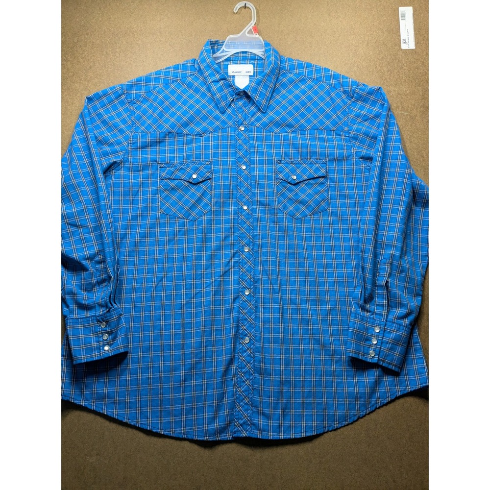 Wrangler Wrancher Mens Blue Plaid Pearl Snap Western Shirt XL Long Sleeve